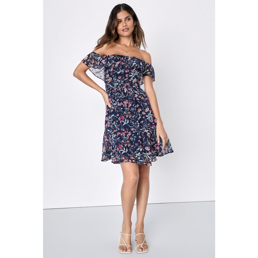 Lulu's Navy Floral Off-Shoulder Mini Dress